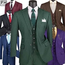 VINCI Men's Gangster Stripe 3-Piece Classic Fit Suit, 38S-62L, 6 Colors NEW
