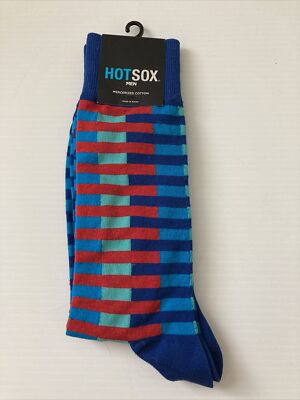 Hot Sox Mens Socks Blue/Green/Red Striped Size 10-13 Socks (one pair) New
