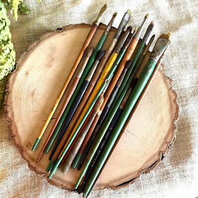 16 Vintage French Artist Paint Brushes, Mixed Sizes & Colors Wood Handles