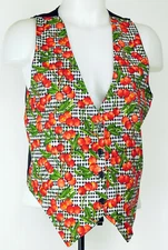VTG Sostanza Button-Front Black and White Plaid Vest w/ Cherry Print S/M 