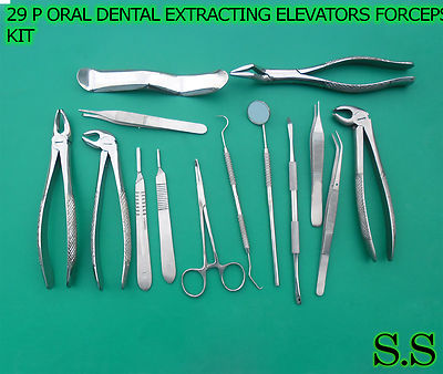 29 P ORAL DENTAL EXTRACTION SURGERY EXTRACTING ELEVATORS FORCEPS INSTRUMENTS KIT