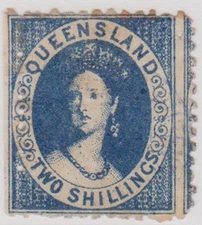 RJ102 1868 Australia QLD 2/- Two Shilling blue Chalon double printed error