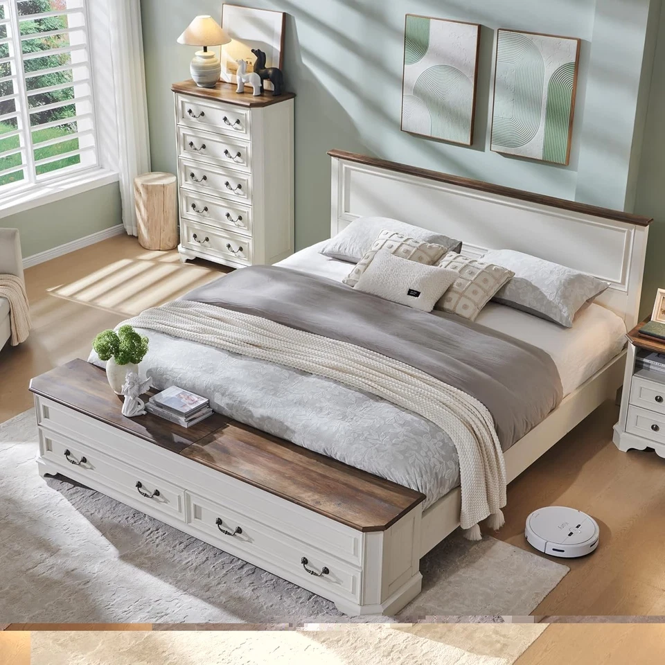 Cama Tamaño King Con Cabesera Y Banco De Almacenamiento, Cómoda Y De Lujo Foto 3 de 4