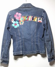 Upcycled Wm's Size S Denim Fitted Jean Jacket Quilted Applique 100% Cotton