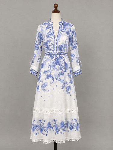 Hale Bob Dress Small Blue Paisley Linen Long Sleeve VNeck Fit Flare Midi Eilish