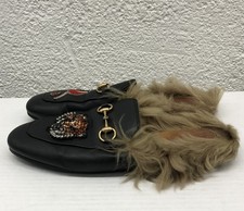 Gucci Princetown Black Leather Tiger Fur Heart Slippers Mule 37 EU 7 US BB16