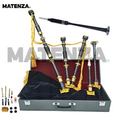 Great Highland Bagpipes Full Set Black Gold Brass Mounts Case Reeds