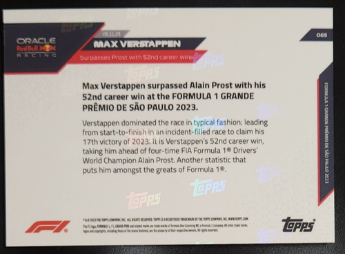 Max Verstappen 2023 Topps Now F1 Formula 1 #065 Surpasses Prost wit 52nd Win - Picture 2 of 2
