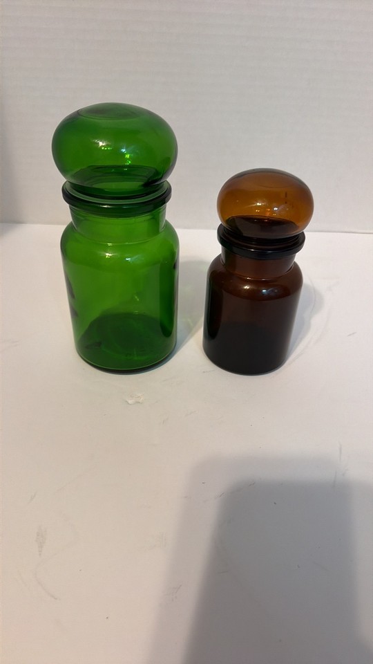 Vintage Mid-Century Belgian Apothecary Jars - Green and Amber Glass Set