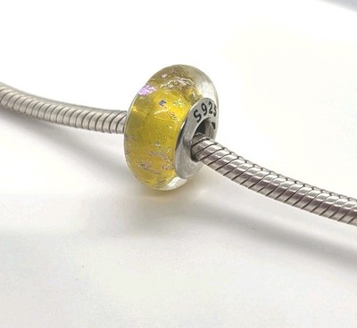  Yellow Foil Glitter Murano Glass Bead Charm Genuine S925 Sterling Silver 