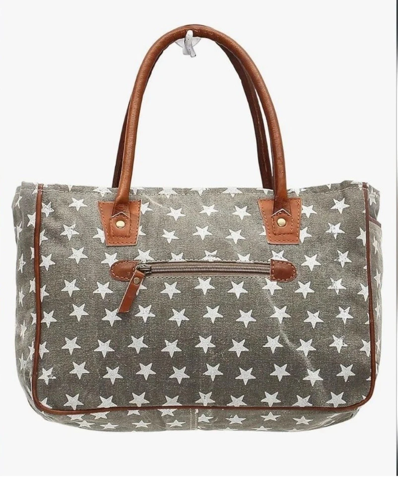 Myra Bag Canvas Army Green Cotton Tote Bag Freedom Of Stars Purse S-1048 VGC - Image 2 of 4