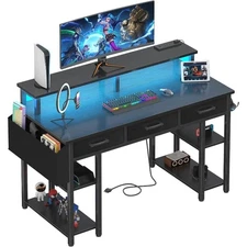 Gaming Desk with Led Lights and Power Outlets, 47 Inch Home Office Desk 
