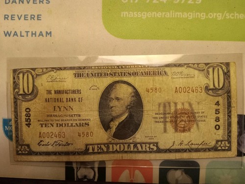 Misscut. 1929 National Bank Note Lynn Massachusetts