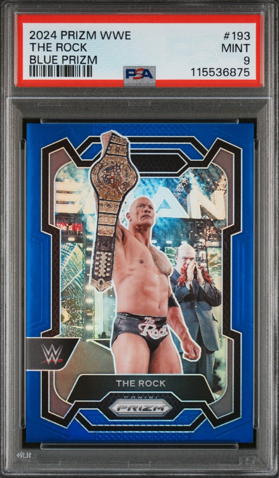 2024 PANINI PRIZM WWE #193 THE ROCK BLUE PRIZM /199 PSA 9