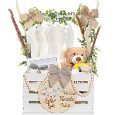 Wooden Baby Shower Crate Closet, Baby Basket with Handle Bear Sign Eucalyptus...