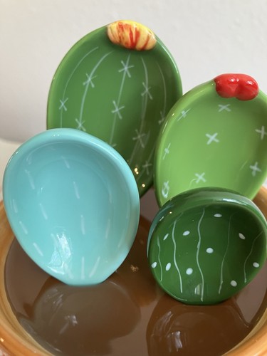 Cactus Measuring Pot Cup & Measuring Spoons Ceramic Set ONE CHIP ON HANDLE - Picture 2 of 24