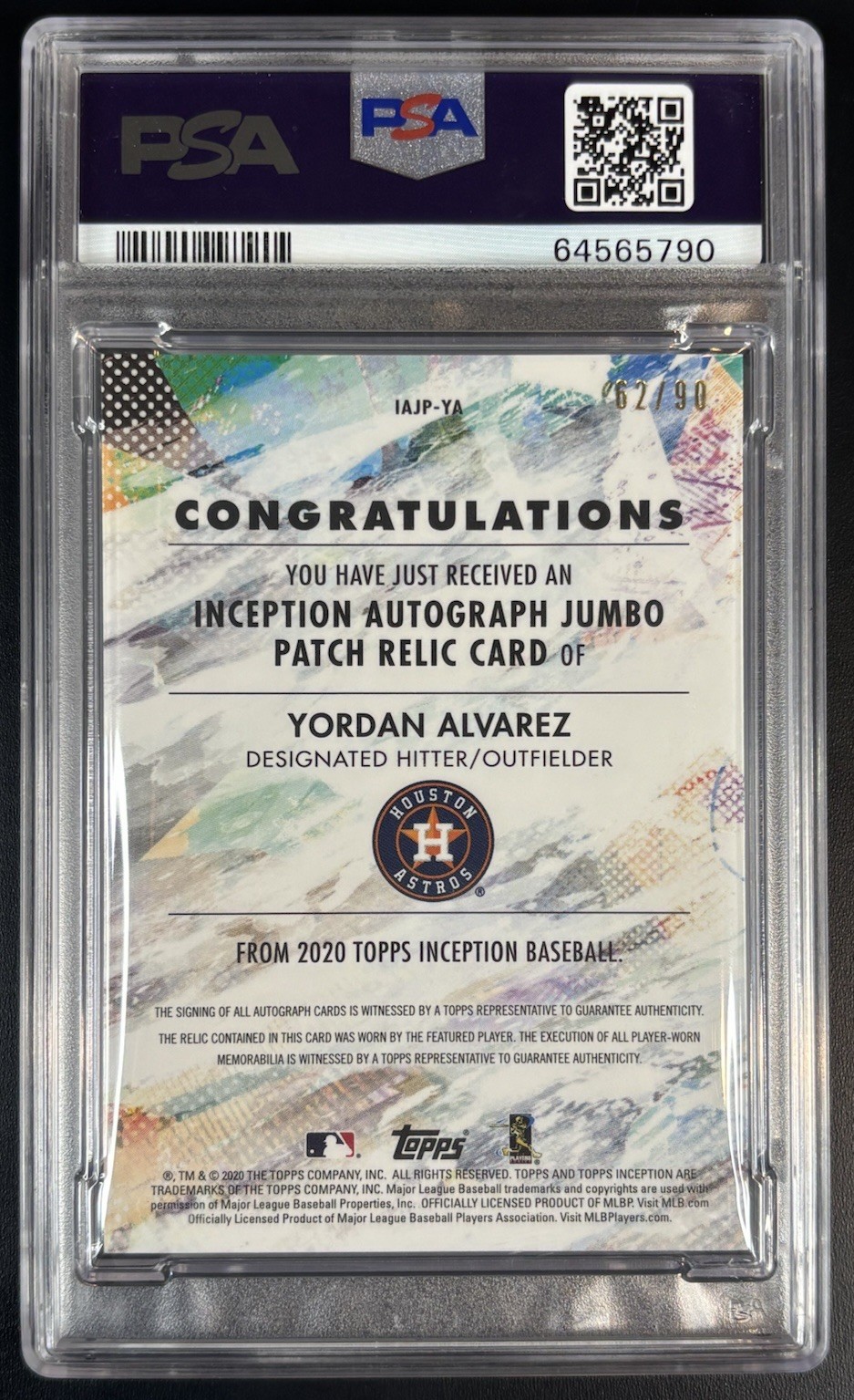 2020 Yordan Alvarez Inception Rookie Autograph Jumbo Patch /90 #IAJP-YA PSA 10 view 2