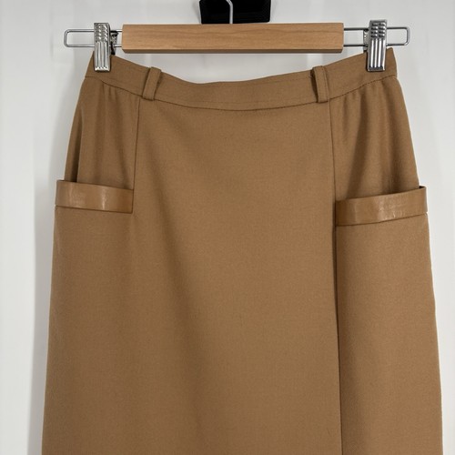 VTG Florence Paris Womens Wool Pencil Skirt FR 40 US 8 Camel Leather Trim READ - Picture 2 of 9