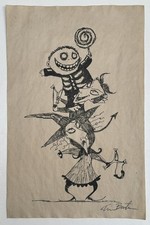 Tim Burton Drawing on old paper (Handmade) signed and stamped artwork