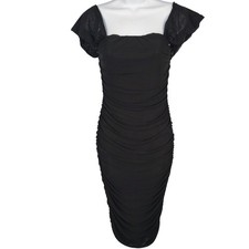 Womens M Ruched Mesh Bodycon Midi Dress Black Flutter Sleeve Gothcore LBD SZ M
