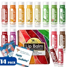 14-Pack Natural Lip Balm Set Moisturizing Beeswax Vitamin E Fruit Flavors Gift