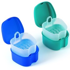 JMU 2pcs Denture Bath Case, Cup for Soaking Navy Blue,Teal Blue