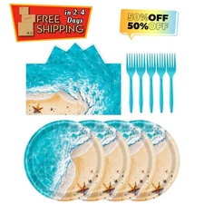 72 Pcs Ocean Beach Party Paper Plates Set - Disposable Plates, Napkins & Forks