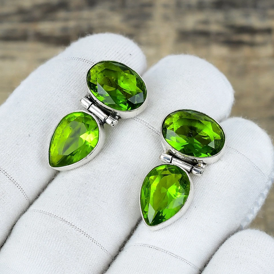 Bello Peridoto Gemma Orecchini 925 Argento Sterling Fatto a Mano Gioielli Regali - Immagine 2 di 4