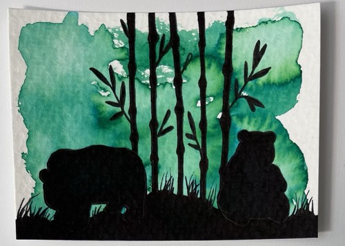 aceo 2.5x3.5 inch original watercolor silhouette pandas bamboo drawing