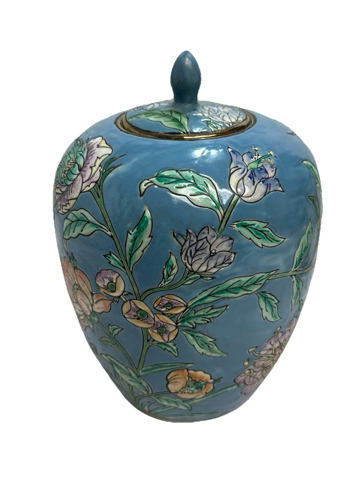 Jarrón/urna vintage chino de jengibre azul con flores 9” esmalte Macao Foto 2 de 4