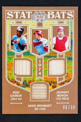 2025 LEAF LUMBER STAT BATS 09/30 CAREW MIKE SCHMIDT JOHNNY BENCH TRIPLE RELIC SP