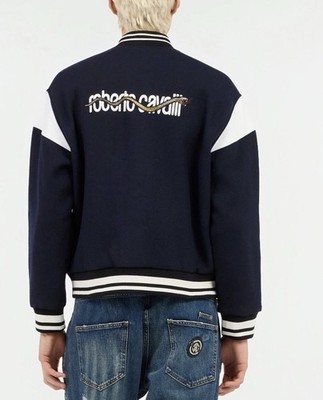 Roberto Cavalli Snake Varsity Jacket Men s M Navy White Wool NWT $1120