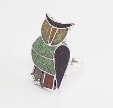 Fun vintage sterling silver inlaid gemstones Southwestern Owl bird ring sz 4.5