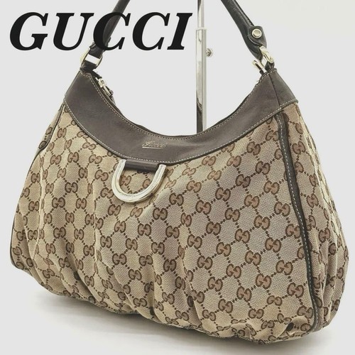 GUCCI GG Shoulder Hand Bag Ziplock Leather Canvas Brown Beige  Gold Hardware