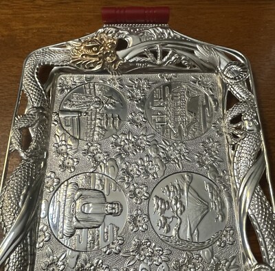 CORDIAL SAKI Tray Holder Metal Silver Scenery Dragons W/ Bakelite