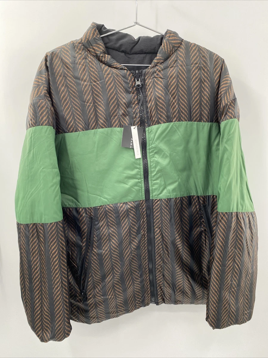 Zara Mens L Reversible Puffer Full Zip Winter Coat Jacket Tribial