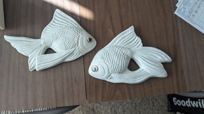 Large White Vintage Chalkware Plaster Fish Wall Hangings 10'' Each