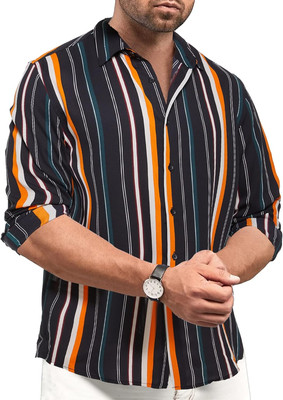 SPIEZ Herren Hemd Langarm Lose Fit Gestreift Langarmhemd Freizeit Casual Knopf U