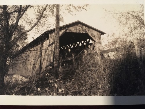 RPPC c1916 Covered Bridge, Vintage Real Photo Creepy Standing Man - Picture 2 of 4