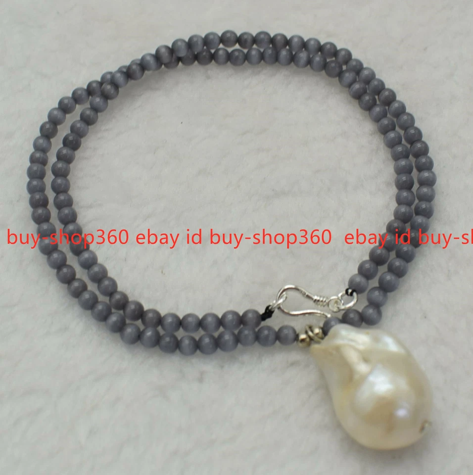 Collar Colgante Perla Barroca Blanca Gema Ojo de Gato Ópalo Gris Natural 4mm 20" Foto 3 de 4
