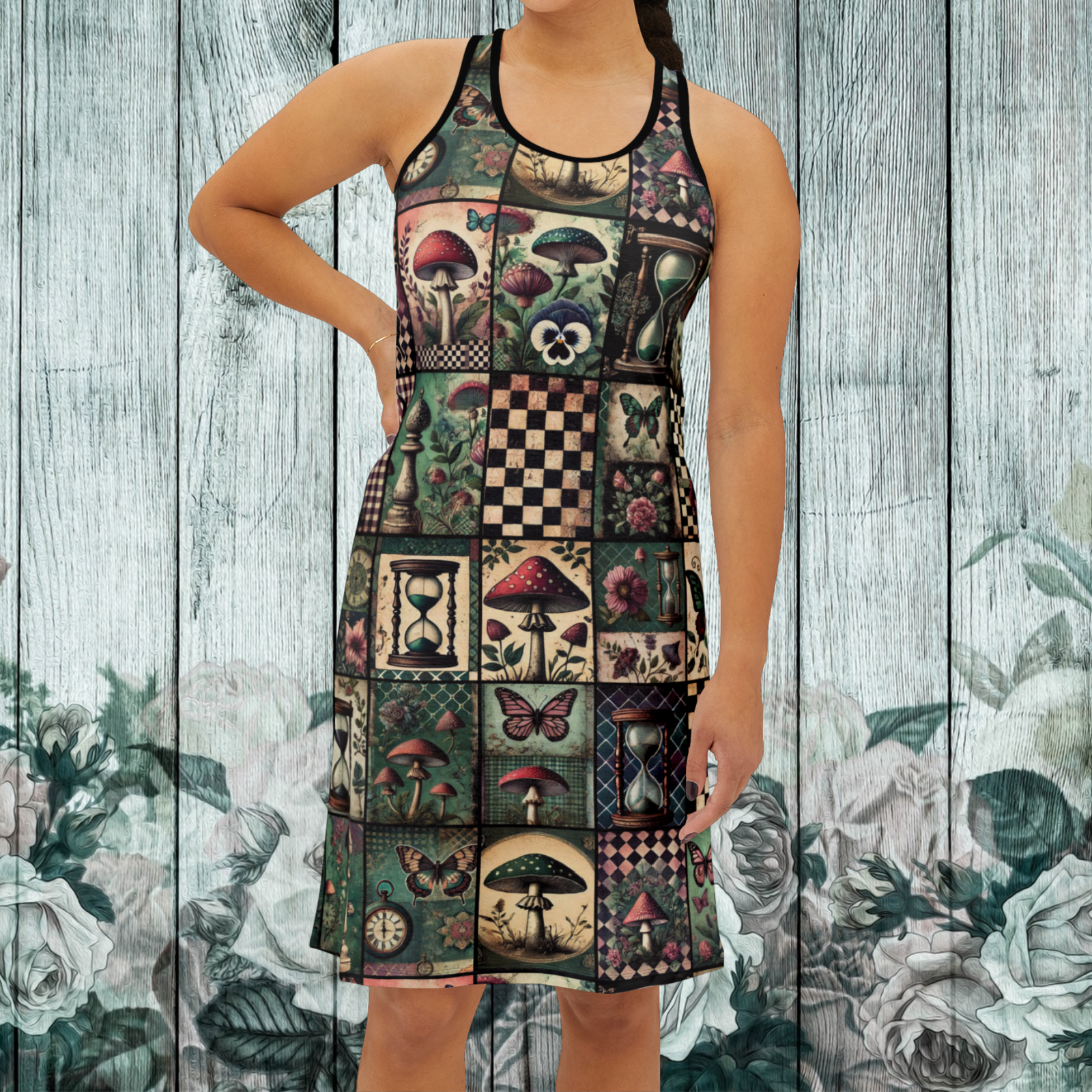 Wonderland Tank Dress, Victorian Patchwork - Mushrooms, Flowers, Butterflies