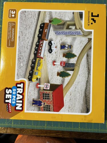 Sain Smart Jr Wooden train track, Bridge & Building 35 Pieces with Layout Guide - Picture 1 of 2
