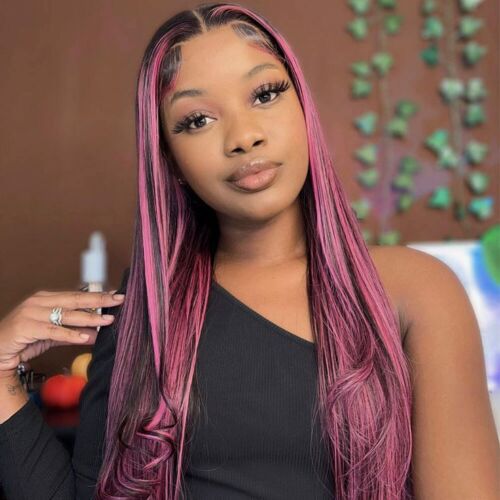 Pink Mixed Black Long Straight T Part Lace Front 100% Human Hair Wig Pre Plucked - Afbeelding 1 van 11