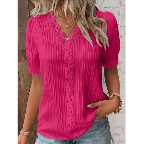 Plus Size Women’s V-Neck Lace Shirt Blouse Casual Short Sleeve(210) - Picture 6 of 14