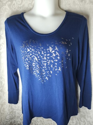 Women's a.n.a. Long Sleeve Silver Bird Graphic Top Navy Blue Size