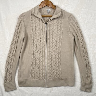 Bean Cable Knit Sweater Womens Large 100% Cotton Full Zip Beige