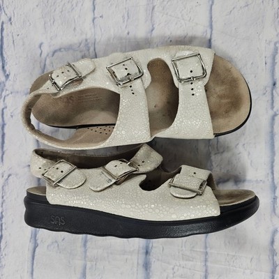 SAS Bravo Sandals Women 7.5 Pearl White Triple Buckle Strap Tripad Made in USA