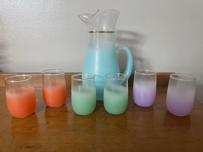 Vintage Frosted Blends Glass Pitcher w/6 Gold Rimmed Glasses