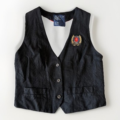 American Eagle VTG Womens Navy Pinstripe Vest Patch XL Academia Prep School Y2K