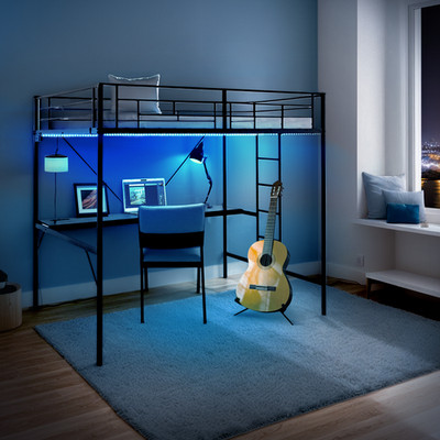 Heavy Duty Loft Bed Frame with Desk No Box Spring Needed Space Saving Black